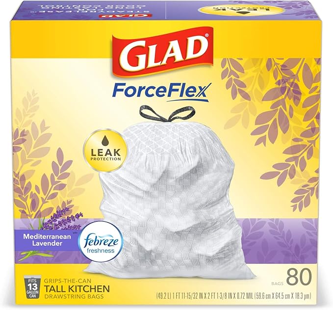 Glad ForceFlex Tall Kitchen Trash Bags, 13 Gallon, Gain Lavender, 80 Count (Package May Vary)