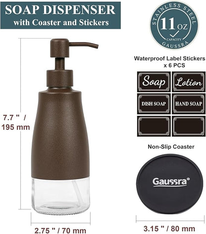 Gaussra Matte Brown Soap Dispenser with Coaster and Stickers, Stainless Steel and Glass Bottle Hand Pump Dispenser, Refillable Liquid Hand Soap Dispenser for Bathroom & Kitchen (11OZ / 320ML)