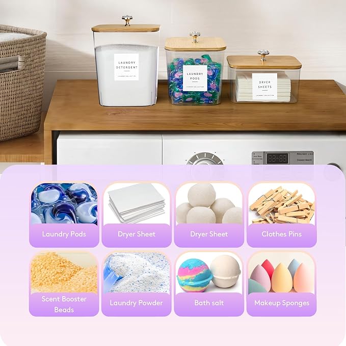 POLRAI 5 Pack Laundry Pod Containers and Dryer Sheet Holder for Laundry Room Organization Clear Jars with Lids and Labels for Laundry Detergent Laundry Pods Dry Sheet Organizing