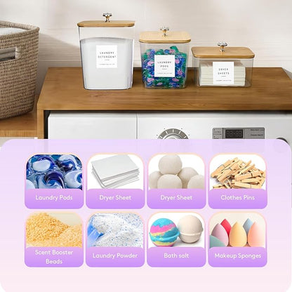 POLRAI 5 Pack Laundry Pod Containers and Dryer Sheet Holder for Laundry Room Organization Clear Jars with Lids and Labels for Laundry Detergent Laundry Pods Dry Sheet Organizing