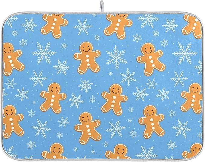Snowflake Gingerbread Cookie Man Blue Dish Drying Mat for Kitchen Counter Absorbent Microfiber Drying Pad, Medium 16x18 in