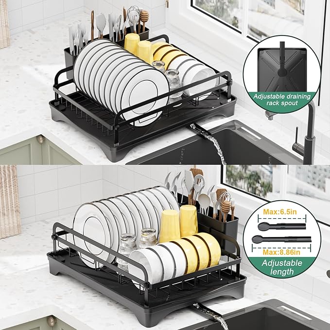 LIYI Dish Drying Rack and Sink Organiser,Removable Drainer Tray,Adjustable Spout,Easy Assembly Kitchen Drying Rack,Black