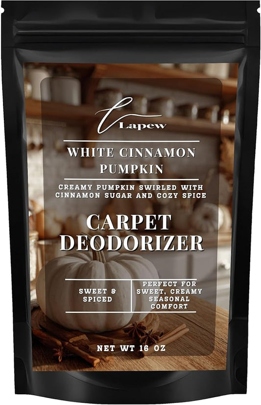 Lapew White Cinnamon Pumpkin Carpet Deodorizer Powder - Pet Safe Freshener for Vacuuming | Scented Odor Eliminator for Home | 16 oz
