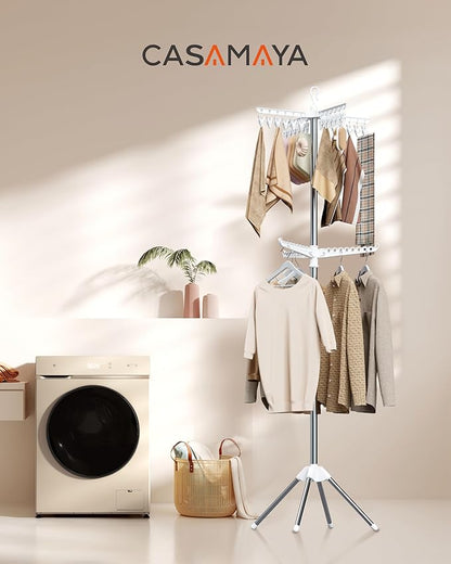 Clothes Drying Rack Foldable, 72 inch 2 Tier Laundry Drying Rack with Rotating Clothes Rail for 27 Pieces of Clothes, Adjustable, 24 Clips, Space Saving, White and Silver CDR012W01