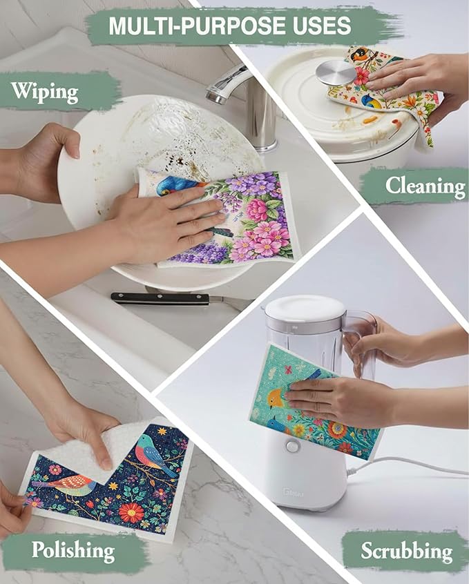 10 PCS Birds Print Swedish Dishcloths for Kitchen 100% Biodegradabl, Reusable Cellulose Sponge Cloth, Ultra Absorbent, Eco Friendly Cleaning Towels | Dishcloths for Washing Dishes & General Cleaning