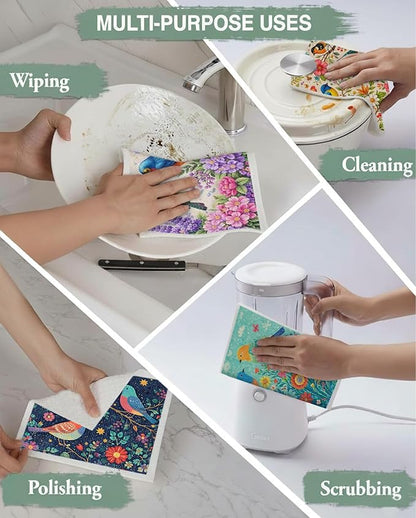 10 PCS Birds Print Swedish Dishcloths for Kitchen 100% Biodegradabl, Reusable Cellulose Sponge Cloth, Ultra Absorbent, Eco Friendly Cleaning Towels | Dishcloths for Washing Dishes & General Cleaning