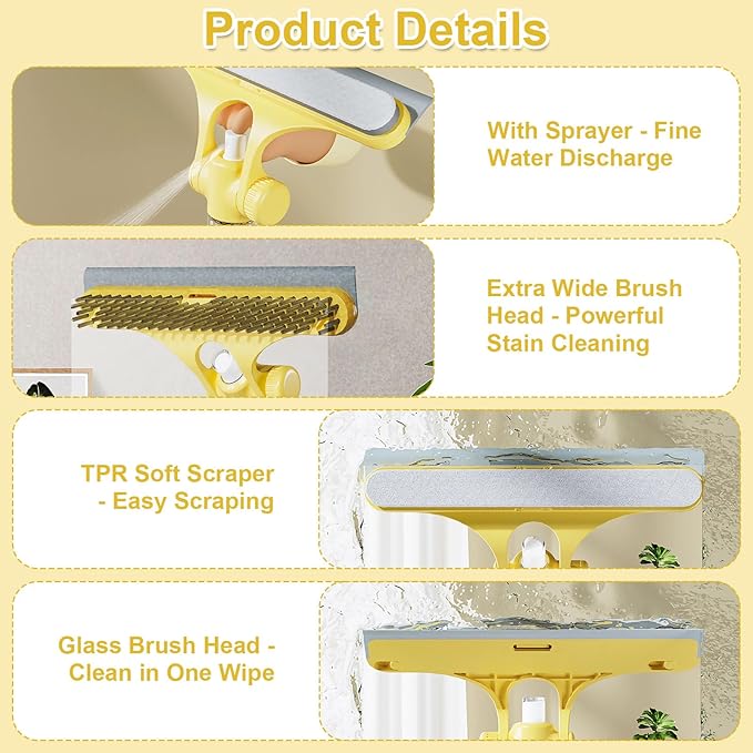 4 in 1 Window Cleaning Scraper Tool Kit, TPR Squeegee with Sprayer Bottle, Multifunctional Window Cleaning Tool, Detachable Brush, for Car, Home, Kitchen Windows (Yellow)