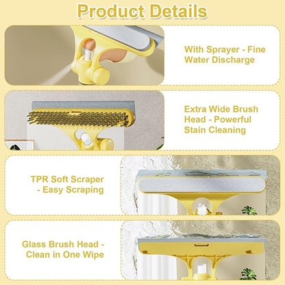4 in 1 Window Cleaning Scraper Tool Kit, TPR Squeegee with Sprayer Bottle, Multifunctional Window Cleaning Tool, Detachable Brush, for Car, Home, Kitchen Windows (Yellow)