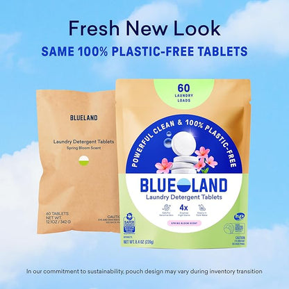 BLUELAND Laundry Detergent Tablets, 120 Count, Spring Bloom Scent, Plastic-Free Eco-Friendly Pods, Sheets, Liquid Alternative - Safe for Sensitive Skin, Gentle