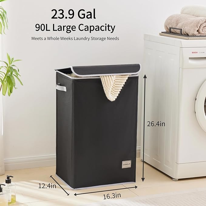 Laundry Hamper with Lid, 90L Collapsible Clothes Basket, Strong Struture, Dirty clothes Hamper, Removable Laundry Bag with String Closure, for Bedroom, Bathroom, Dorm, College, Toys, Black
