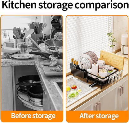 Extendable Dish Rack - a Rust-Resistant Dish Rack Suitable for Kitchen countertops, Featuring Adjustable Support Legs, a Cutlery Rack, and a Removable Drain Tray.