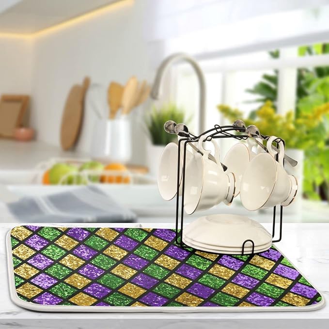 Mardi Gras Dish Drying Mat for Kitchen Gold Purple Green Buffalo Plaid Microfiber Drying Mats Absorbent Reversible Dish Pad Large Dish Draining Mat 18x24 inch