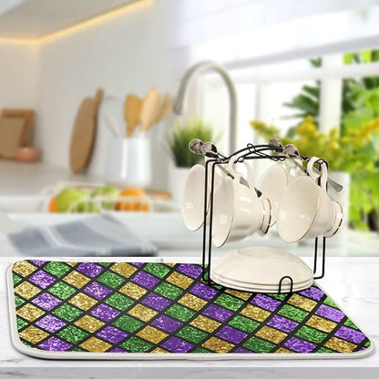 Mardi Gras Dish Drying Mat for Kitchen Gold Purple Green Buffalo Plaid Microfiber Drying Mats Absorbent Reversible Dish Pad Large Dish Draining Mat 18x24 inch