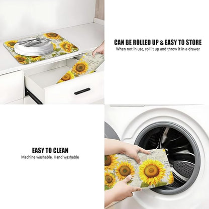 Dish Drying Mat for Kitchen Counter 2 Pack with Non-Slip Rubber Backing - Heat-Resistant Absorbent Coffee Bar Mat, Dish Rack Mat, Sunflower Dish Drying Mats 18x24+19.5x12 inch