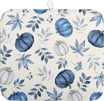 Fall Dish Drying Mat Blue Pumpkin Maple Leaves Drying Mats for Kitchen Counter 16x18 Inch Autumn Thanksgiving Absorbent Microfiber Dish Draining Mat Dishes Pad with Hanging Loop
