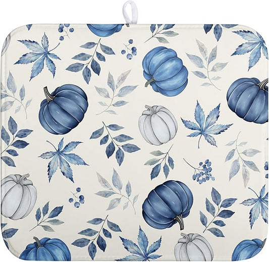Fall Dish Drying Mat Blue Pumpkin Maple Leaves Drying Mats for Kitchen Counter 16x18 Inch Autumn Thanksgiving Absorbent Microfiber Dish Draining Mat Dishes Pad with Hanging Loop