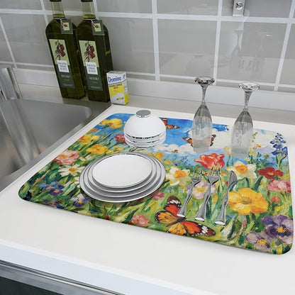 Floral Dish Drying Mat for Kitchen Counter 18x24 Spring Summer Theme Colorful Flower Butterfly Seasonal Absorbent Reversible Microfiber Drying Mats Kitchen Countertop Protector Dishes Drainer Pad
