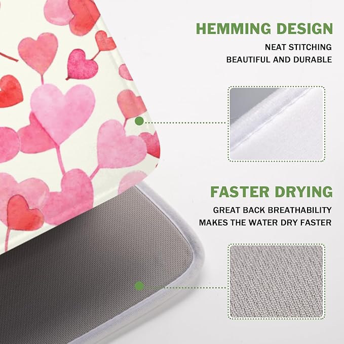 Valentine's Day Dish Drying Mat for Kitchen Counter Pink Love Heart Pattern Drying Mat 16x18 Inch Valentines Holiday Absorbent Dish Drainer Mat Kitchen Accessories