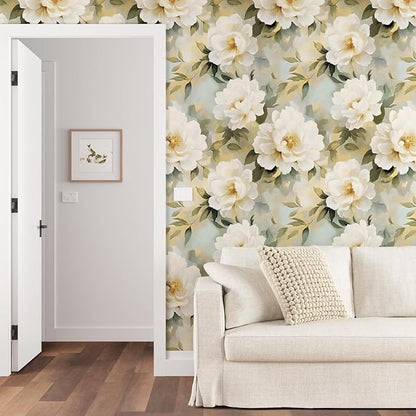White Floral Wallpaper Peel and Stick,Oil Painting Beige Peony Contact Paper 17.5" x 393",Modern Watercolor Flower Wall Paper Self Adhesive Waterproof Removable for Girl Bedroom Shelve Cabinet Drawer