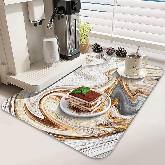 Dish Drying Mat for Kitchen Counter 2 Pack with Non-Slip Rubber Backing - Heat-Resistant Absorbent Coffee Bar Mat, Dish Rack Mat, Marble Texture Dish Drying Mats 18x24+19.5x12 inch