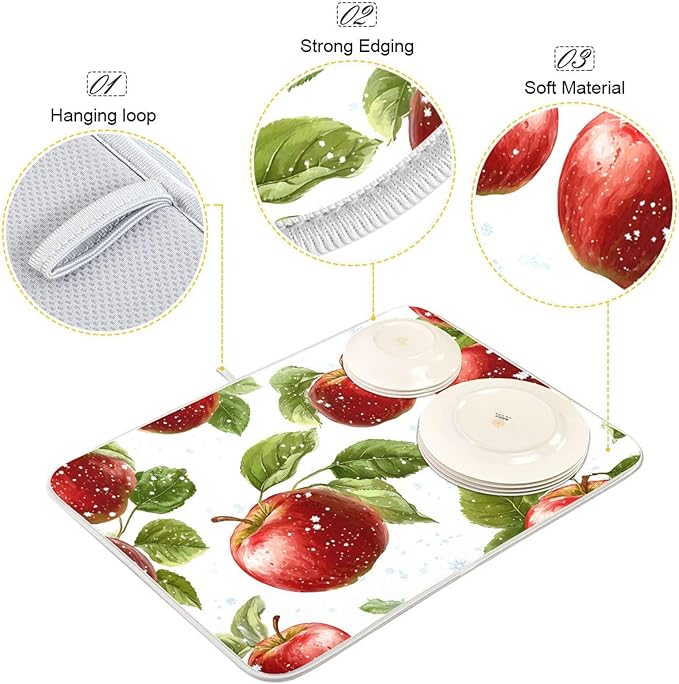 Snowflake with Apple Pattern Dish Drying Mat for Kitchen Counter Super Absorbent Drying Mat 16x18 inch Large Dish Drying Matts for Countertop Protector Dishes Pad