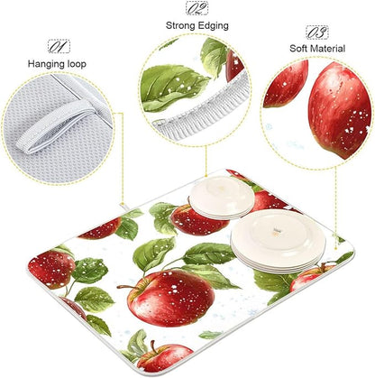Snowflake with Apple Pattern Dish Drying Mat for Kitchen Counter Super Absorbent Drying Mat 18x24 inch Large Dish Drying Matts for Countertop Protector Dishes Pad