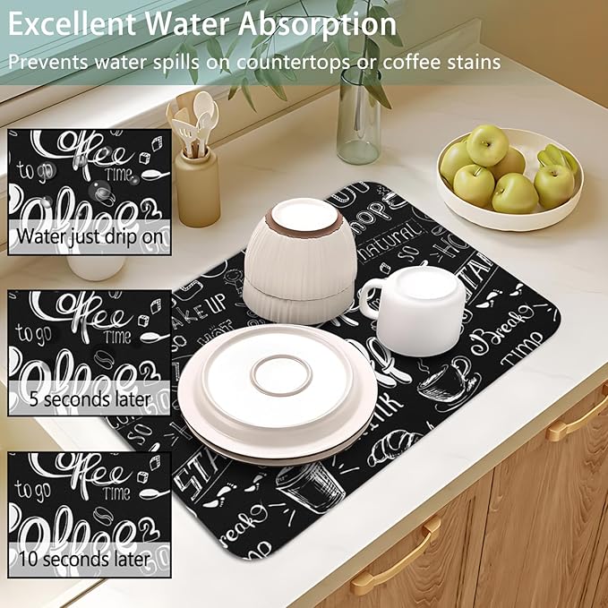 Dish Drying Mat for Kitchen Counter 2 Pack with Non-Slip Rubber Backing - Heat-Resistant Absorbent Coffee Bar Mat, Dish Rack Mat, Coffee Dish Drying Mats 18x24+19.5x12 inch