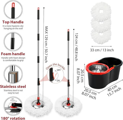 Spin Mop and Bucket with Wringer Set, 360° Spinning Mop Bucket System with 3 Microfiber Mop Replacement Heads and 51" Stainless Steel Adjustable Handle for Floor Cleaning (15QT)