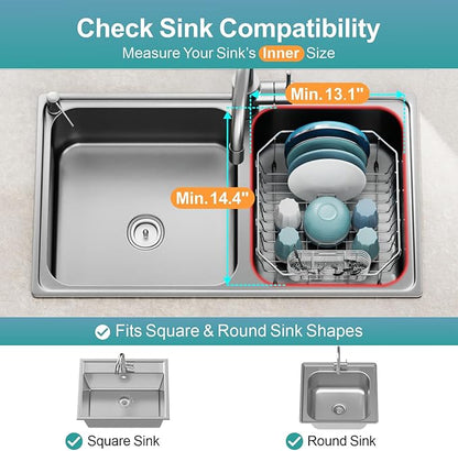 GSlife Small in Sink Dish Drying Rack - Stainless Steel Compact Dish Drainer for RV Kitchen Apartment Sink, Rust Resistant Inside Sink Rack, 1–2 Person Households, 13.1" W x 14.4" L, Silver