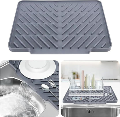 Silicone Dish Drying Mat for Kitchen Counter Essentials with Wider Drain Spout, Non-Slip Heat Resistant Dish Drying Pad with Hanging Hole for Sink RV Camper Travel Multipurpose Drainer Mat Grey