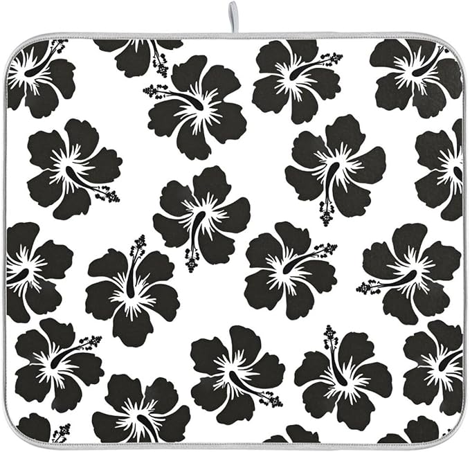 Tropical Hawaiian Hibiscus Flowers Dish Drying Mat for Kitchen Counter Absorbent Microfiber Drying Pad, Medium 16x18 in