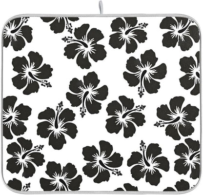 Tropical Hawaiian Hibiscus Flowers Dish Drying Mat for Kitchen Counter Absorbent Microfiber Drying Pad, Medium 16x18 in