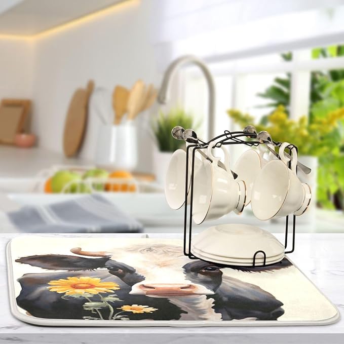 Dish Drying Mat Kitchen Counter Absorbent Flower Cow Coffee Sink Mat Dish Drainer Pad 18 Inch x 16 Inch