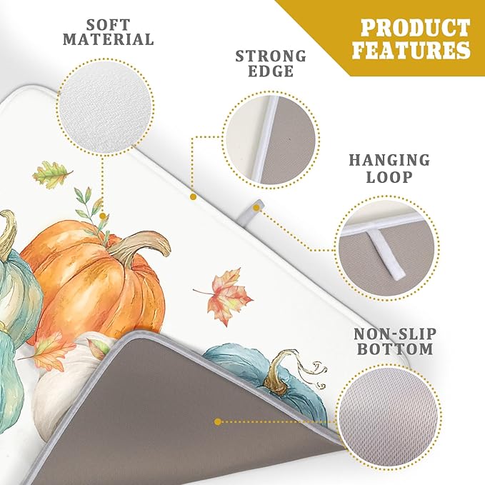 Fall Watercolor Pumpkin Leaf Dish Drying Mat 18 x 24 Inch With Absorbent Reversible Microfiber Autumn Thanksgiving Harvest Drying Mats Dish Drainer Mat Fast Dry For Kitchen Dining Room Decoration