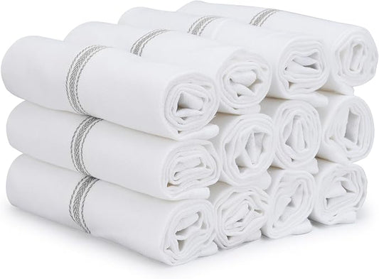TEXAS LINEN CO. Cotton Kitchen Towels 12 Pack - 15 x 25 Inches - Highly Absorbent Dish Towels for Kitchen Drying, Soft Durable Reusable Quick Dry Tea, Kitchen and Dish Cloths Set - Grey Stripe