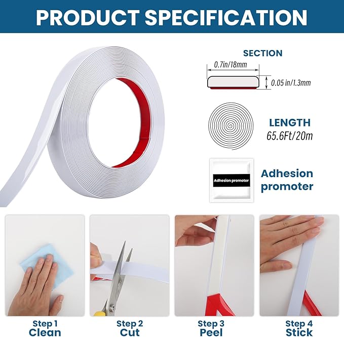 Peel and Stick Molding Trim Waterproof Mirror Tape Border Flexible Wall Trim Molding Self Adhesive for Home Decoration Wall Protection(65.6 Ft)