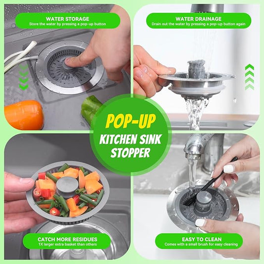 3 in 1 Sink Strainer Stopper and Pop-up Kitchen Sink Drain Strainer, Stainless Steel Filter with Bigger Basket, Anti-Clogging Kitchen Sink Drain Stopper for US Standard 3-1/2 Inch Drain