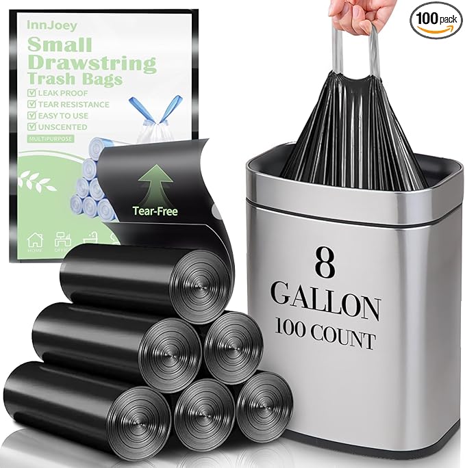 100 Count Small Trash Bags for 8-Gallon (30 L) Trash Cans, Thick Pre-separated Garbage Bags,Mini Wastebasket can Liners for Bathroom Bedroom Office(Black)