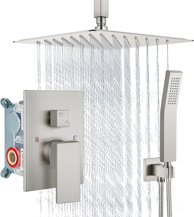 Aolemi Ceiling Mount Shower System Rain Shower Head with Handheld Spray High Pressure Shower Faucet Set Rough-in Valve Shower Trim Kit Included Bathroom Brushed Nickel 10 Inch Ceiling Shower Head