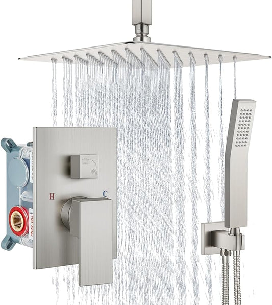 Aolemi Ceiling Mount Shower System Rain Shower Head with Handheld Spray High Pressure Shower Faucet Set Rough-in Valve Shower Trim Kit Included Bathroom Brushed Nickel 10 Inch Ceiling Shower Head