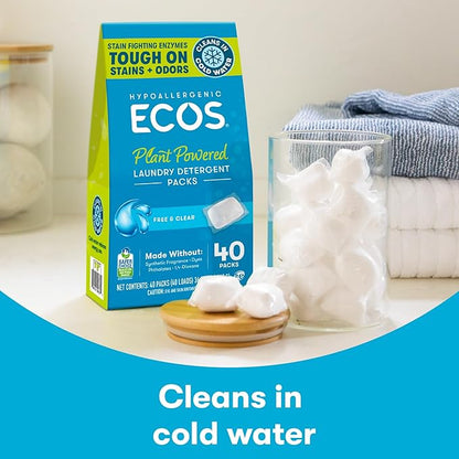 ECOS Laundry Detergent Packs, 80 Loads - 100% Plastic Free Packaging - Convenient No Mess Washing Soap Packs - Hypoallergenic for Sensitive Skin - Free & Clear