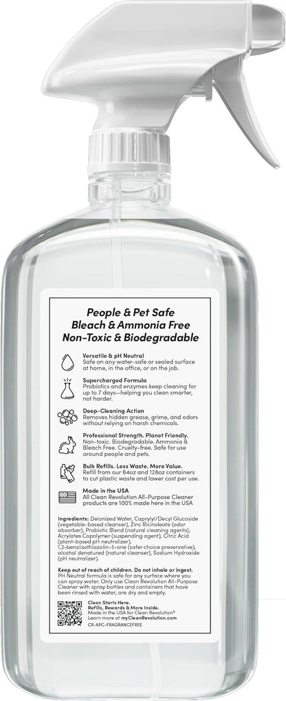 Clean Revolution SuperCharged All Purpose Cleaner Refill with Smart Probiotic + Enzyme Complex, Multi-Surface Kitchen Bathroom & Floor Cleaner, Fragrance Free, 18 Fl Oz (Pack of 1)
