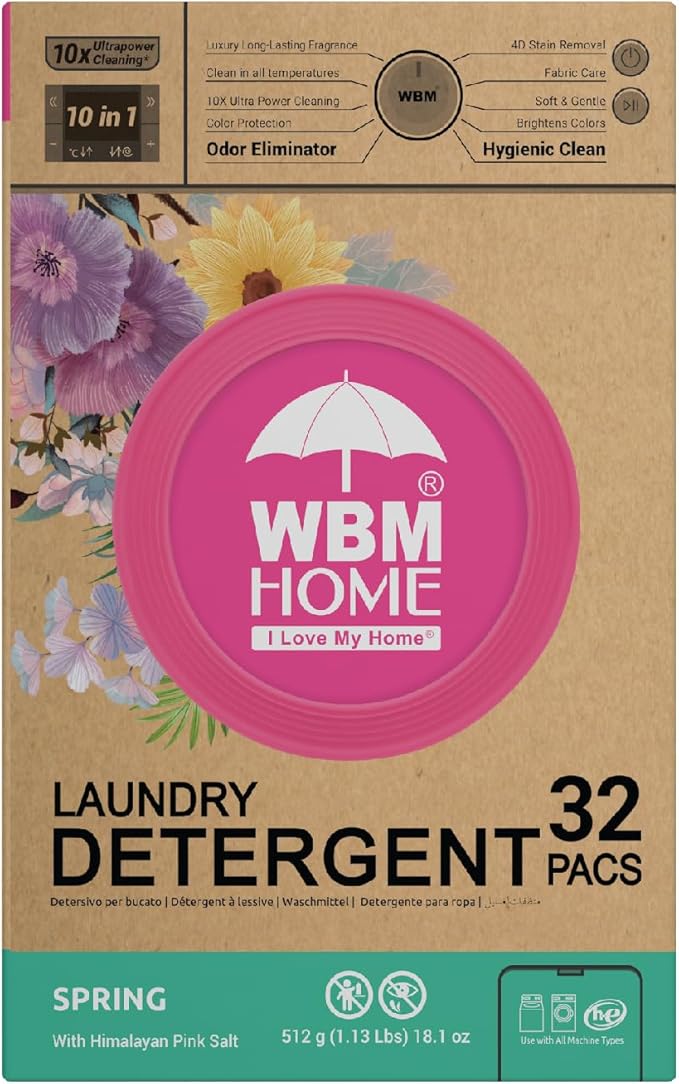 WBM Home Laundry Detergent Pods, Spring Fragrance Scent, 32 Count - HE Concentrated Laundry Pods with 10x Ultra Power Cleaning and 4D Laundry Stain Remover