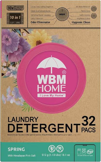 WBM Home Laundry Detergent Pods, Spring Fragrance Scent, 32 Count - HE Concentrated Laundry Pods with 10x Ultra Power Cleaning and 4D Laundry Stain Remover