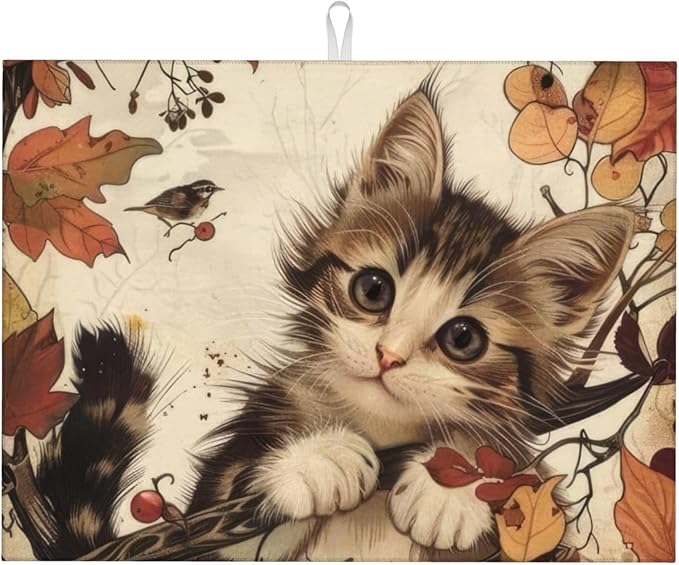 Cute Cat Dish Drying Mats for Kitchen Counter, Absorbent Reversible Microfiber Dish Drying Pad, Multi-Use Large Drying Mat Coffee Bar Accessories 18"x24"