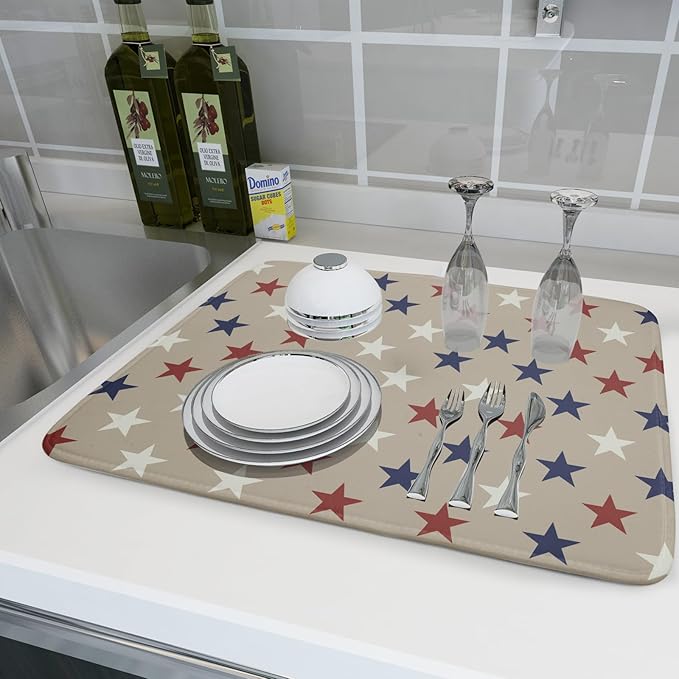 Patriotic July of 4th Blue Red White Star Dish Drying Mat for Kitchen Counter 18x24 Independence Day Absorbent Reversible Microfiber Drying Mats Kitchen Countertop Protector Dishes Drainer Rack Pad