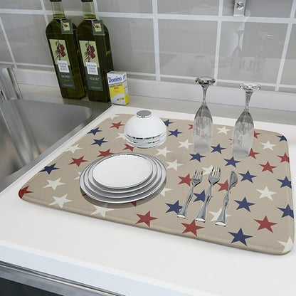 Patriotic July of 4th Blue Red White Star Dish Drying Mat for Kitchen Counter 18x24 Independence Day Absorbent Reversible Microfiber Drying Mats Kitchen Countertop Protector Dishes Drainer Rack Pad
