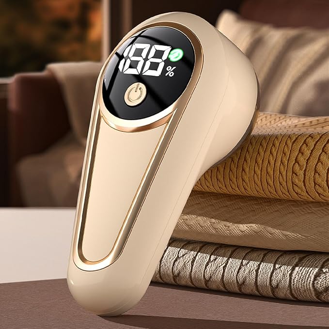 banapoy Fabric Shaver, Electric Lint Remover Portable Sweater Defuzzer, 6 Leaf Blades, Digital LED Display, Remove Pilling for Clothes, Furniture, Sweater, Blanket (Khaki)