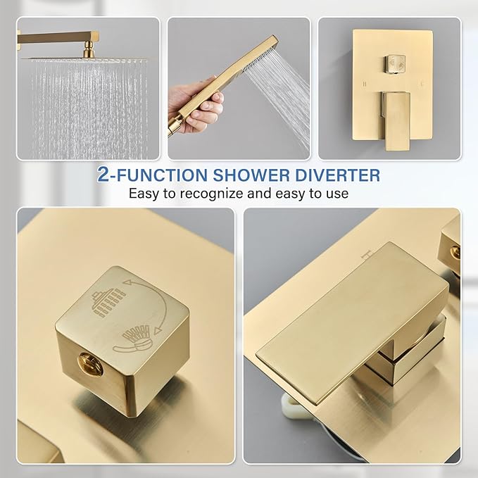 Shower Faucet Rain Shower System with 12 Inches Rainfall Shower Head and Handheld Spray Combo Bathroom Shower Faucet Set Complete Brushed Gold Shower Valve and Trim Kit Wall Mounted