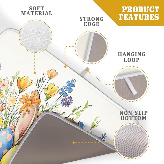 Easter Colorful Bunny Egg Flowers Dish Drying Mat 18 x 24 Inch Absorbent Reversible Microfiber Spring Butterfly Floral Rabbit Holiday Drying Mats Fast Dry Pad Draining Mat For Kitchen Countertop